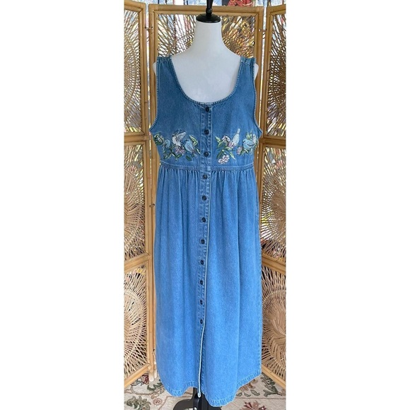 Vintage National Wildlife Federation Embroidered Blue Birds Denim Jumper Dress - Picture 2 of 7